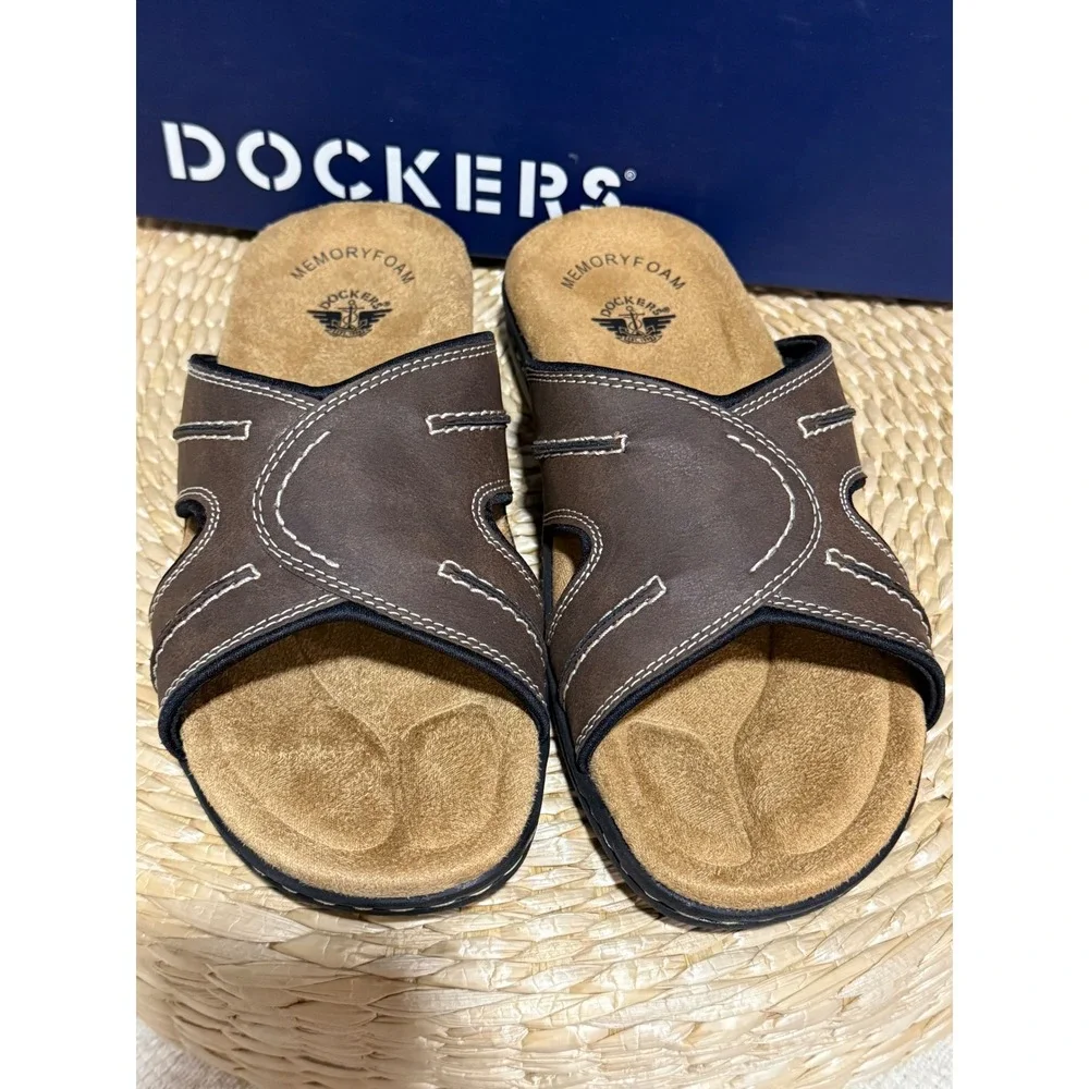 Dockers Sunland Dark Brown Leather Slide Sandals‎ Men's Size 9M Casual Comfort